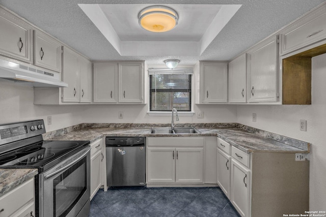 kitchen with a raised ceiling, sink, white cabinetry, and stainless steel appliances