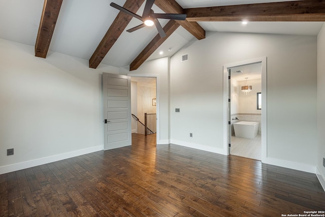 interior space featuring dark wood-type flooring, high vaulted ceiling, ensuite bathroom, ceiling fan, and beamed ceiling