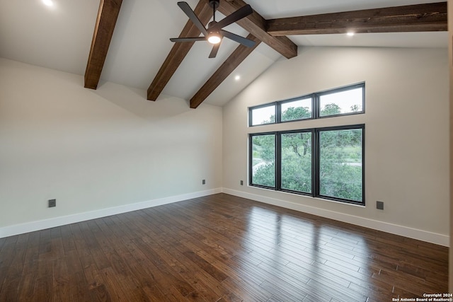 spare room with beam ceiling, dark hardwood / wood-style floors, high vaulted ceiling, and ceiling fan