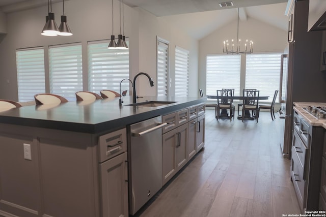 kitchen with a kitchen island with sink, sink, pendant lighting, wood-type flooring, and dishwasher