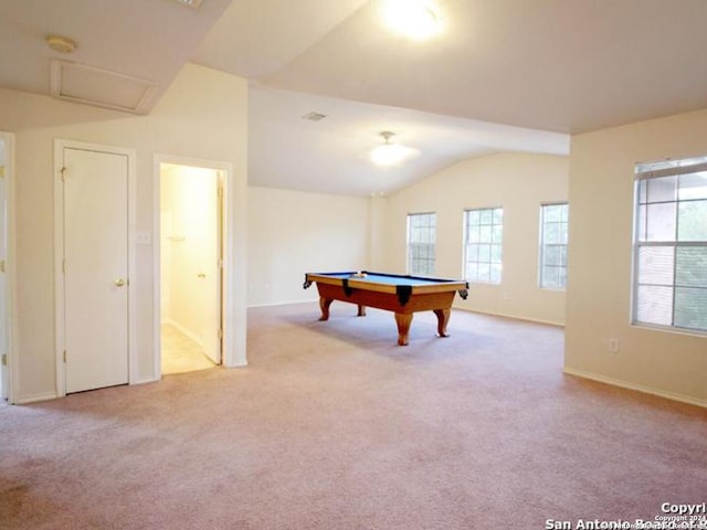 rec room featuring light carpet, vaulted ceiling, and pool table