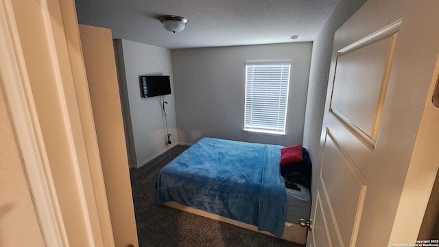 carpeted bedroom with a textured ceiling