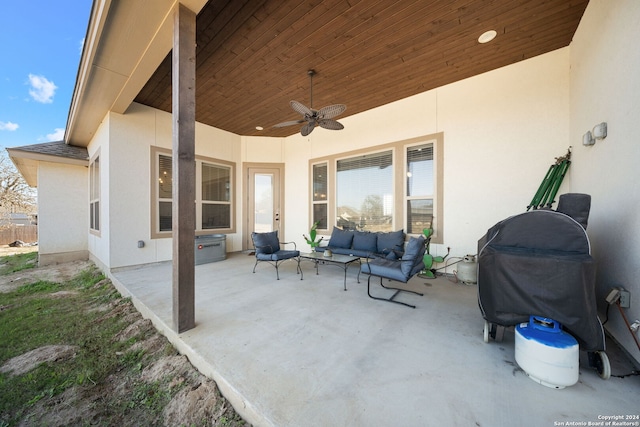 view of patio / terrace with ceiling fan and an outdoor hangout area