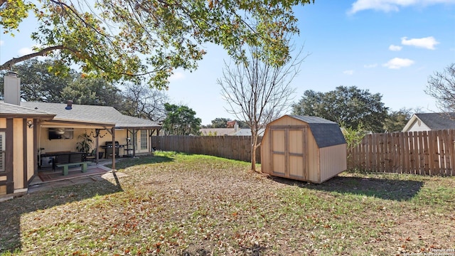 view of yard featuring a patio area and a storage unit