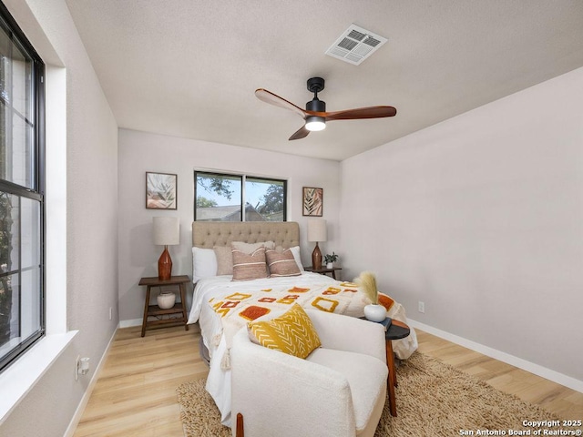 bedroom with ceiling fan and light wood-type flooring