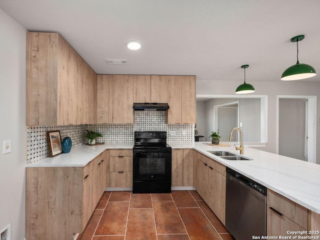 kitchen with black / electric stove, sink, light brown cabinets, dishwasher, and hanging light fixtures