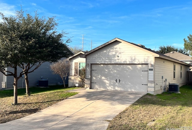 ranch-style house featuring central air condition unit and a front lawn