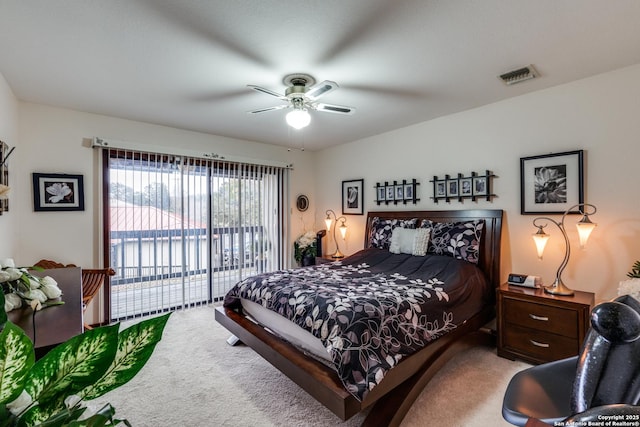 bedroom featuring carpet flooring, access to outside, and ceiling fan