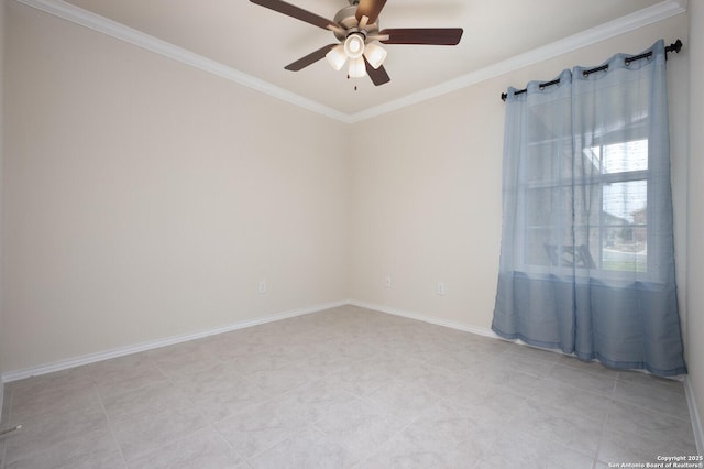 unfurnished room featuring ceiling fan, light tile patterned floors, and crown molding