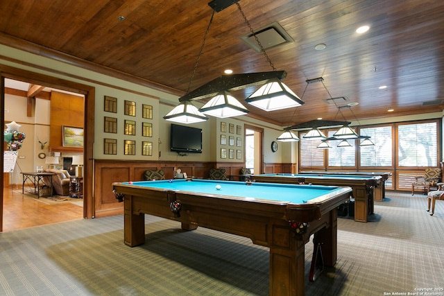 rec room with light colored carpet, wood ceiling, crown molding, and billiards