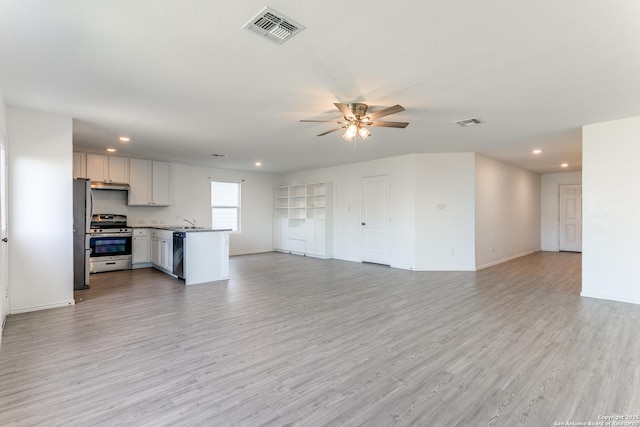 unfurnished living room with ceiling fan, sink, and light hardwood / wood-style flooring