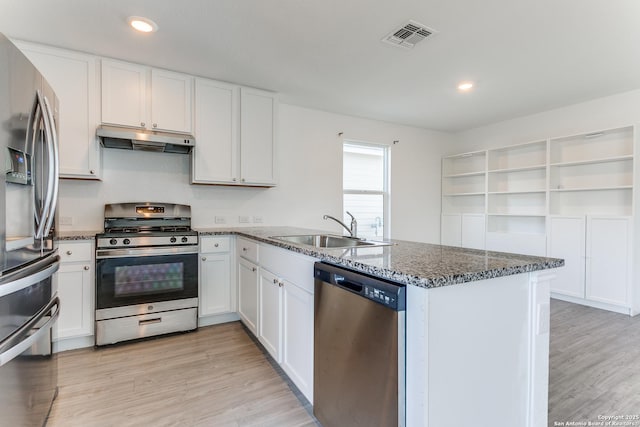 kitchen featuring kitchen peninsula, stainless steel appliances, white cabinets, and sink