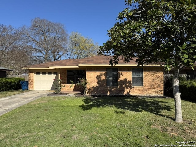 ranch-style house featuring a garage and a front lawn