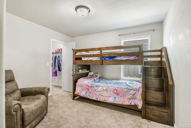 bedroom with a walk in closet, light carpet, and a closet