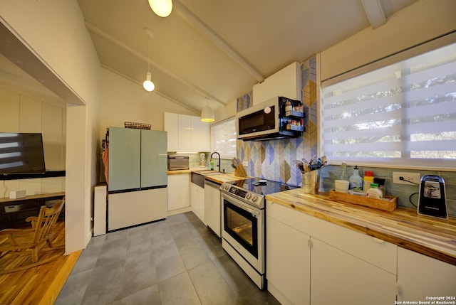 kitchen featuring hanging light fixtures, decorative backsplash, electric range, white cabinetry, and vaulted ceiling with beams