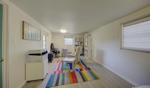 workout room featuring light hardwood / wood-style flooring