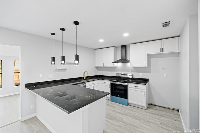 kitchen with stainless steel range with electric cooktop, white cabinets, wall chimney range hood, sink, and kitchen peninsula