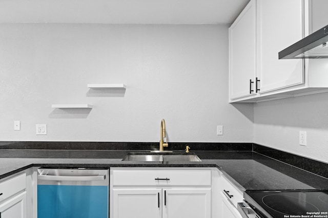 kitchen featuring exhaust hood, white cabinetry, sink, and stainless steel dishwasher