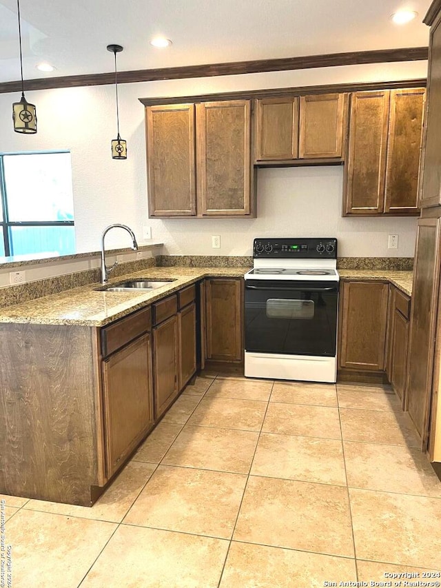 kitchen featuring white range with electric stovetop, sink, pendant lighting, light tile patterned floors, and dark stone countertops