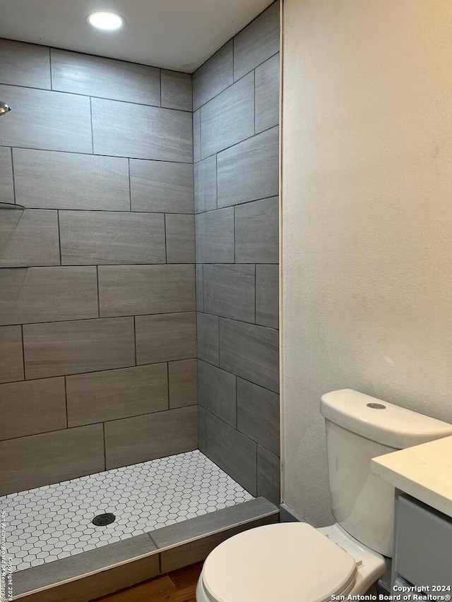 bathroom with toilet, vanity, and tiled shower