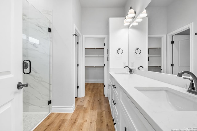 bathroom featuring vanity, hardwood / wood-style flooring, and an enclosed shower