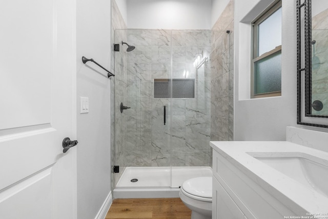 bathroom with vanity, toilet, wood-type flooring, and a shower with door