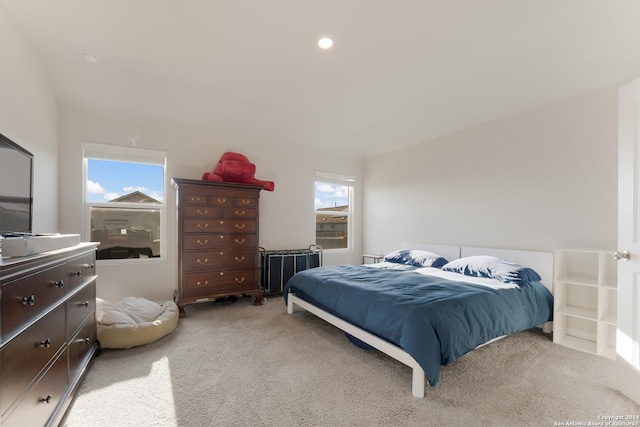 bedroom with radiator heating unit, light colored carpet, and multiple windows