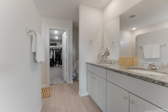 bathroom with hardwood / wood-style flooring, vanity, and toilet