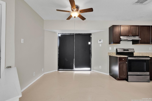 kitchen with dark brown cabinets, electric range, a textured ceiling, and ceiling fan