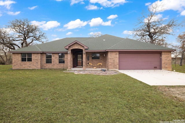 single story home with a front lawn and a garage