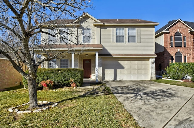 front facade featuring a garage and a front lawn