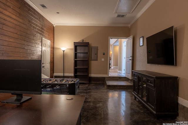 interior space with crown molding and electric panel