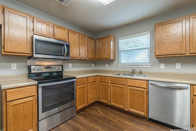 kitchen with sink, stainless steel appliances, and dark wood-type flooring