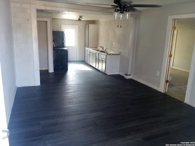 interior space with ceiling fan, dark hardwood / wood-style flooring, and sink