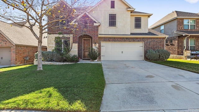 view of front of home featuring a front yard and a garage