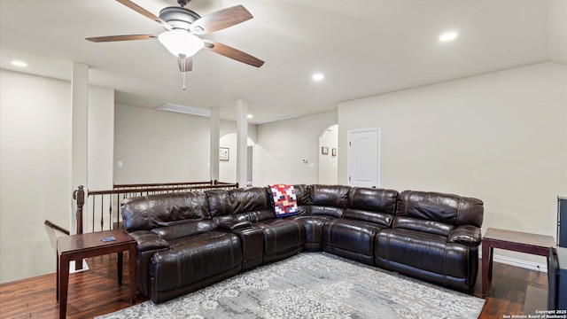 living room with hardwood / wood-style floors and ceiling fan