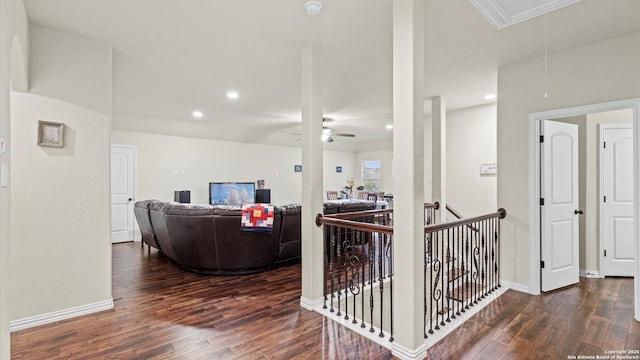 corridor featuring dark hardwood / wood-style floors and crown molding