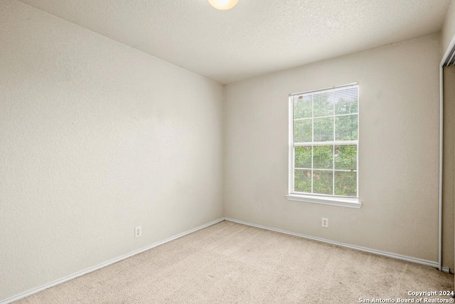 unfurnished room featuring light colored carpet and a textured ceiling