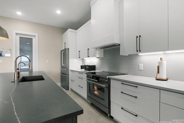 kitchen featuring custom range hood, white cabinetry, high quality appliances, and sink