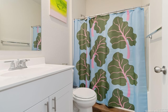 bathroom featuring vanity, toilet, and a shower with shower curtain