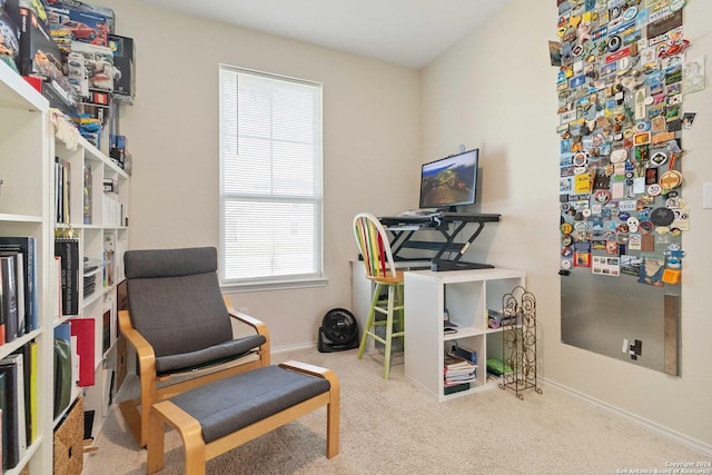 sitting room featuring light colored carpet