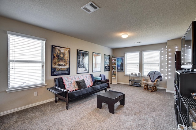 carpeted living room with a textured ceiling