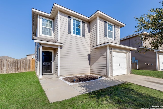 view of front of home featuring a front lawn and a garage