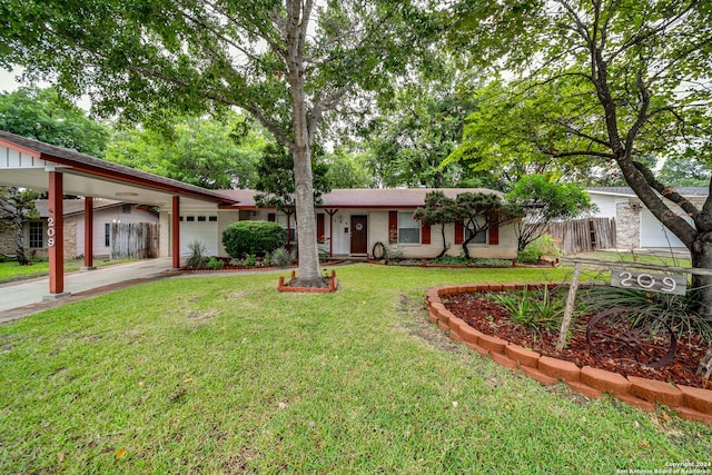 ranch-style house with a front yard and a garage