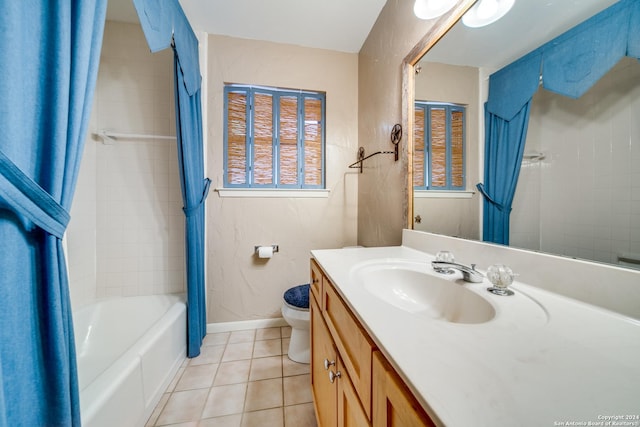 full bathroom with tile patterned flooring, vanity, toilet, and shower / tub combo with curtain