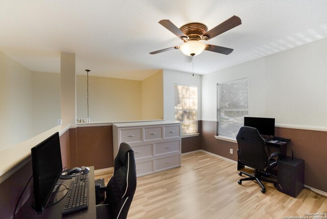 office area featuring ceiling fan and light wood-type flooring