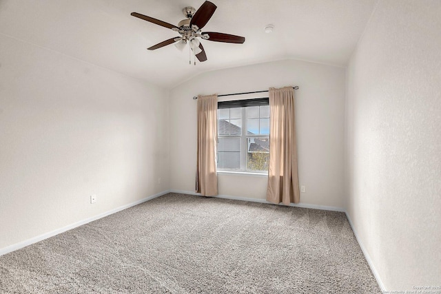 unfurnished room with carpet flooring, ceiling fan, and lofted ceiling