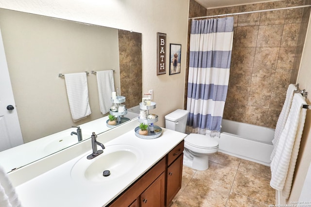 full bathroom featuring shower / bath combination with curtain, toilet, and vanity