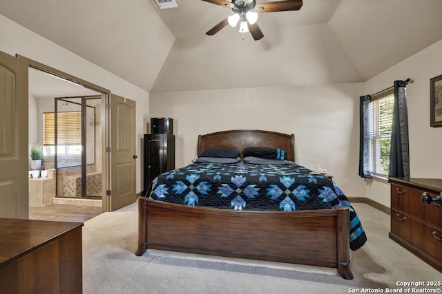 bedroom featuring light carpet, ceiling fan, and lofted ceiling