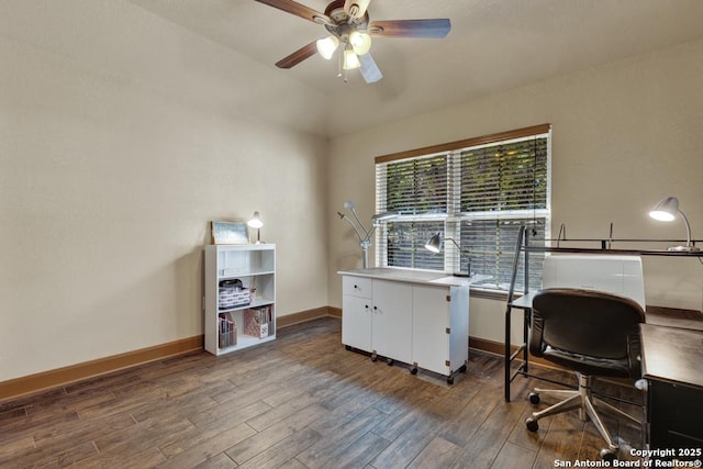 office with ceiling fan and dark wood-type flooring